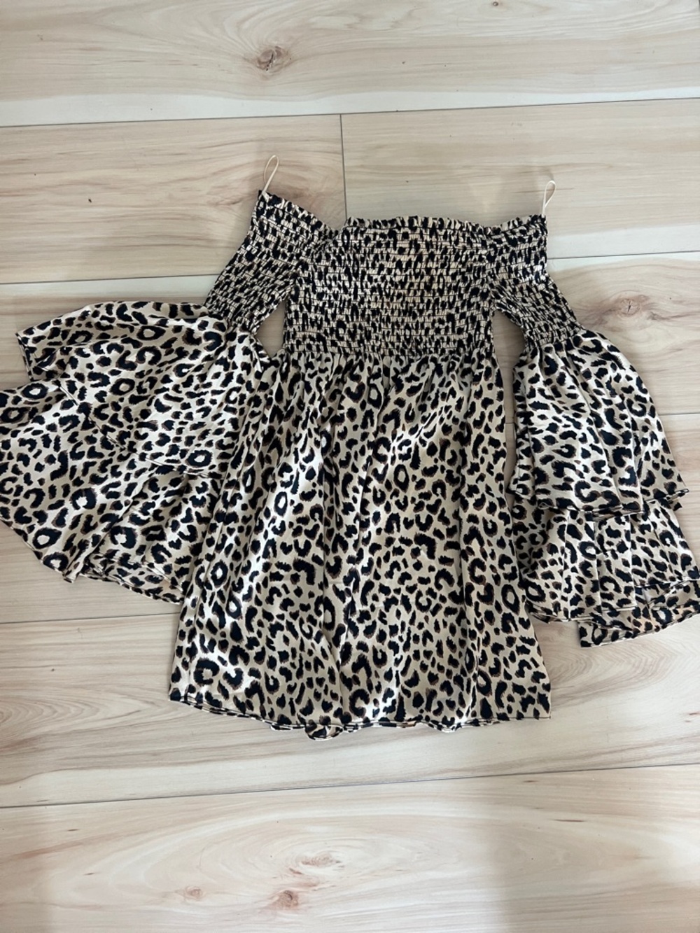 ILLA ILLA Leopard Print Off-Shoulder Dress in Beige and Black